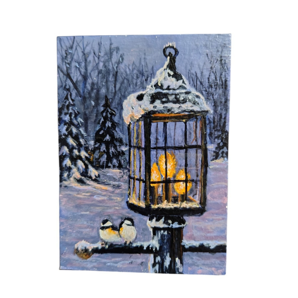 Winter wildlife ACEO painting of a Chickadees on a lamp post Richard D. Heffron